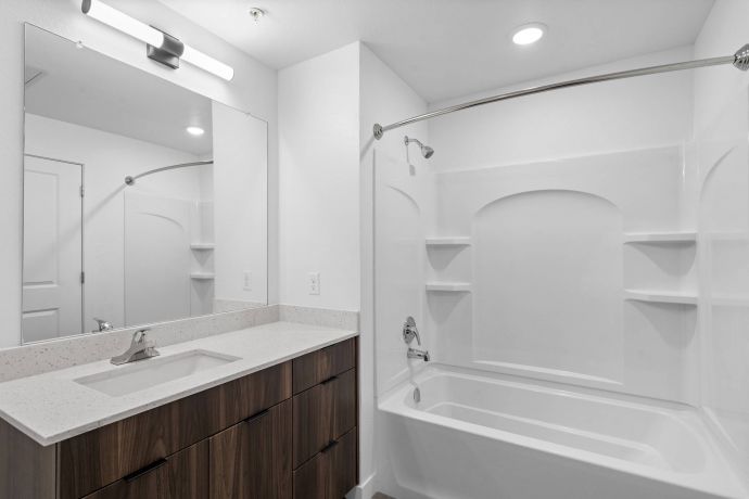 Mesa Vista Affordable Apartments with Modern bathroom with a wood vanity, large mirror, and white bathtub with built-in shelves and shower rod.